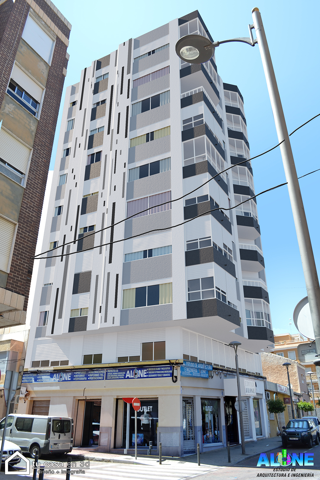 Rehabilitación de fachada edificio Alone Guardamar. Monocapa blanco y gris